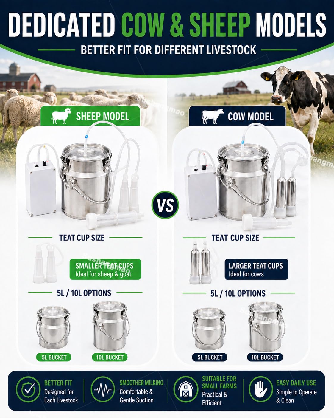 Mungitrice Elettrica 5L/10L per Mucche e Pecore 10L-Cattle | Batteria 5200mAh Senza Fili e Rete, Valvola a Galleggiante Auto-Stop e Secchio Inox per Piccole Fattorie