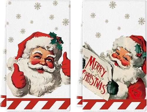 Juego de 2 toallas de cocina de Navidad, estilo vintage, de Papá Noel, retro, para invierno, vacaciones, hogar, baño, fiesta, comedor, decoración,