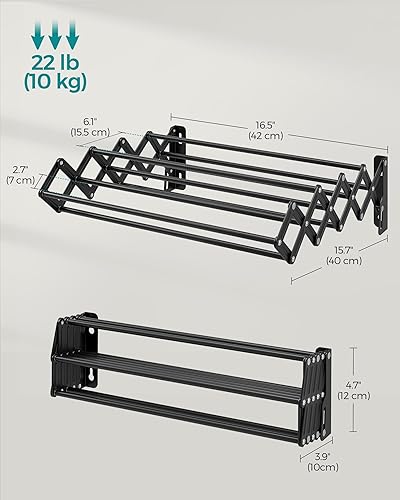 Miniatura 6 de SONGMICS Estante de secado de ropa, estante de secado de ropa montado en la pared, pequeño estante de lavandería acordeón, 9 varillas colgantes