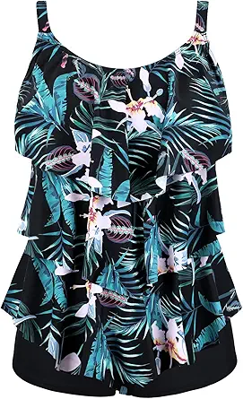 Septangle Women's Tankini Swimsuit Two Pieces Set Ruffle Swimwear Bathingsuit with Boyshort