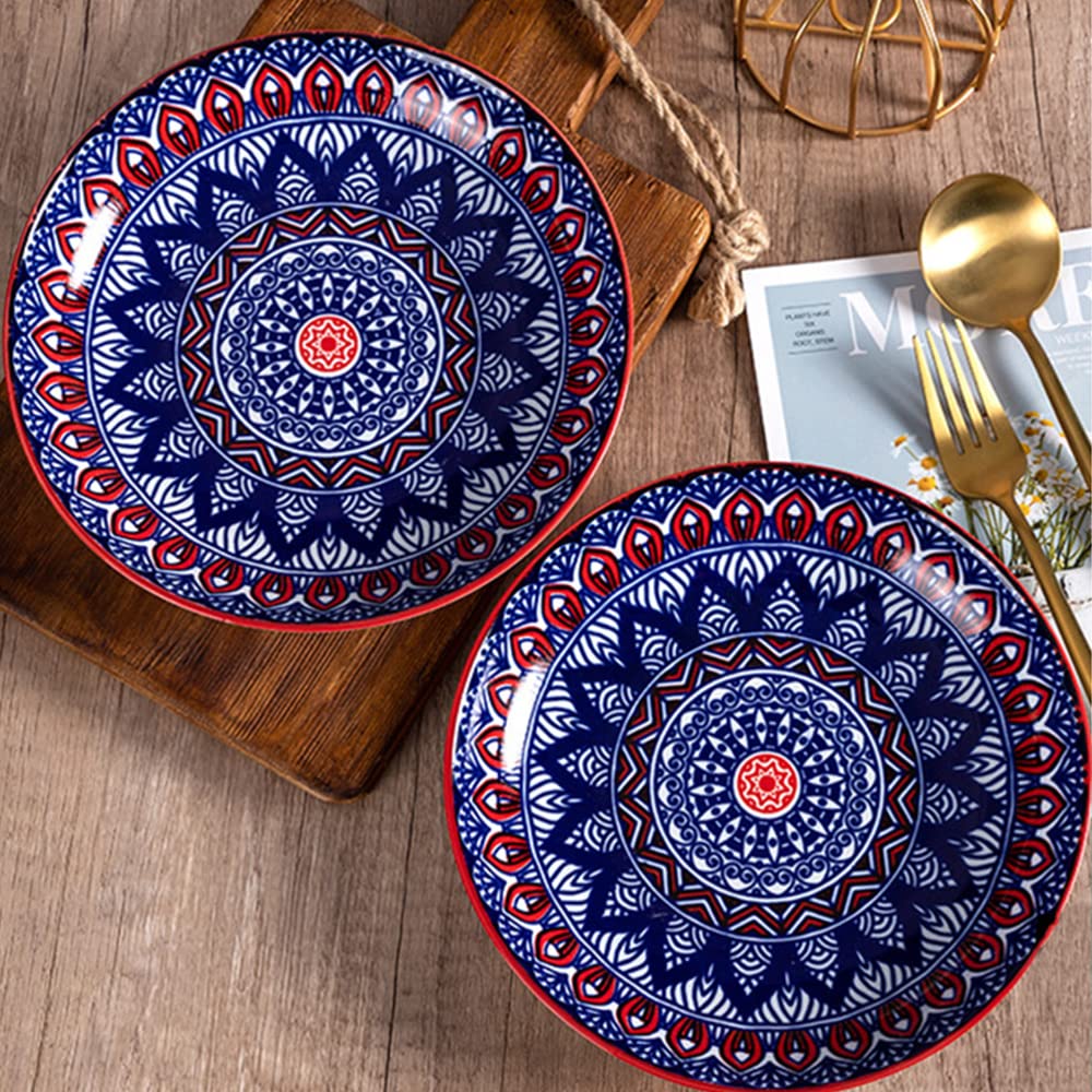 fanquare Lot de 4 Assiettes à Salade en Porcelaine - 20 cm Ensemble d'Assiettes en Céramique Boho Floral, Assiette d'Appoint pour Salade, Pâtes, Dessert, Fruits, Gâteau, Apéritif