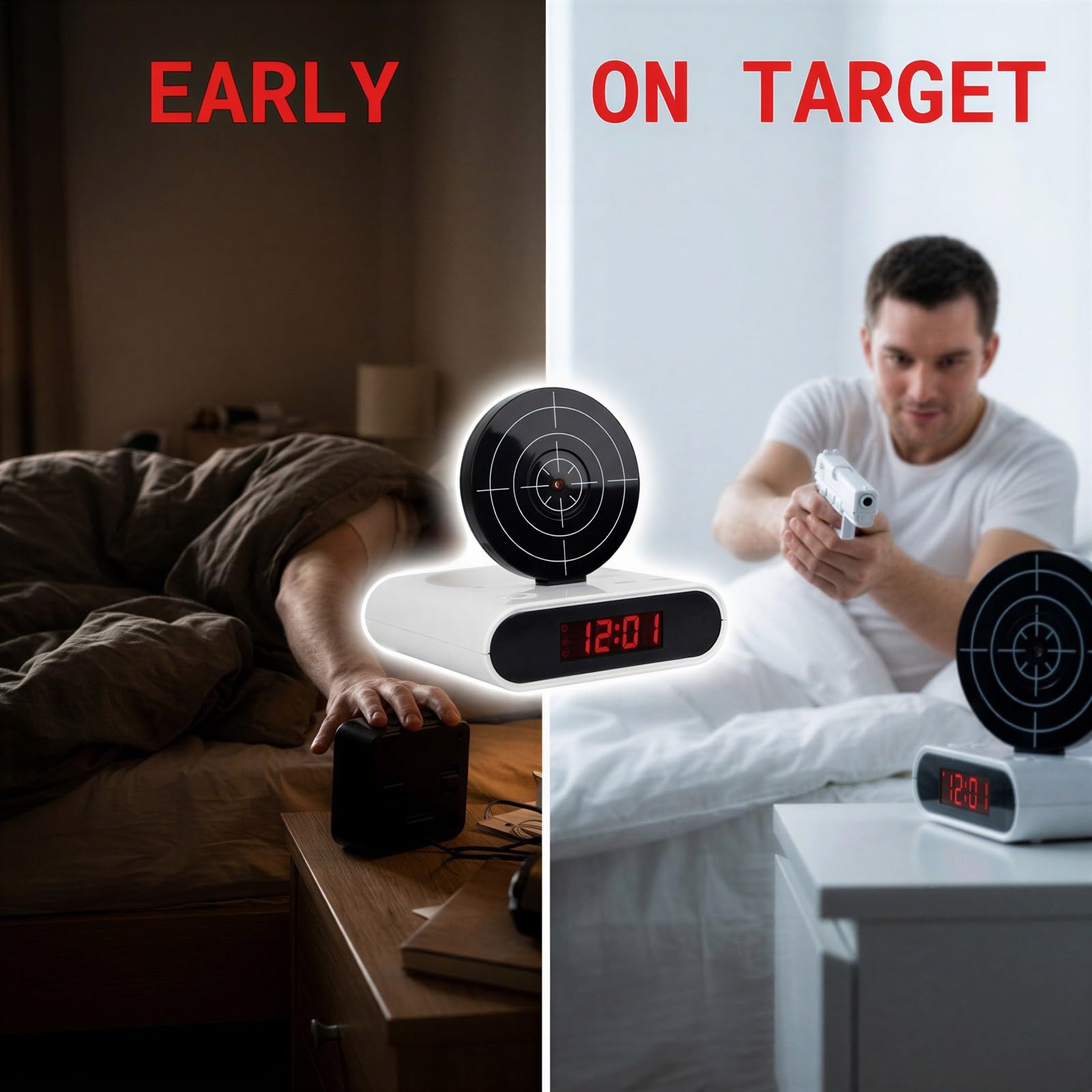 Sveglia digitale con timer per sparatutto con pistola e bersaglio, display a LED, gadget per sveglia, registrazione vocale e doppia modalità, regalo divertente per adulti, camera da letto