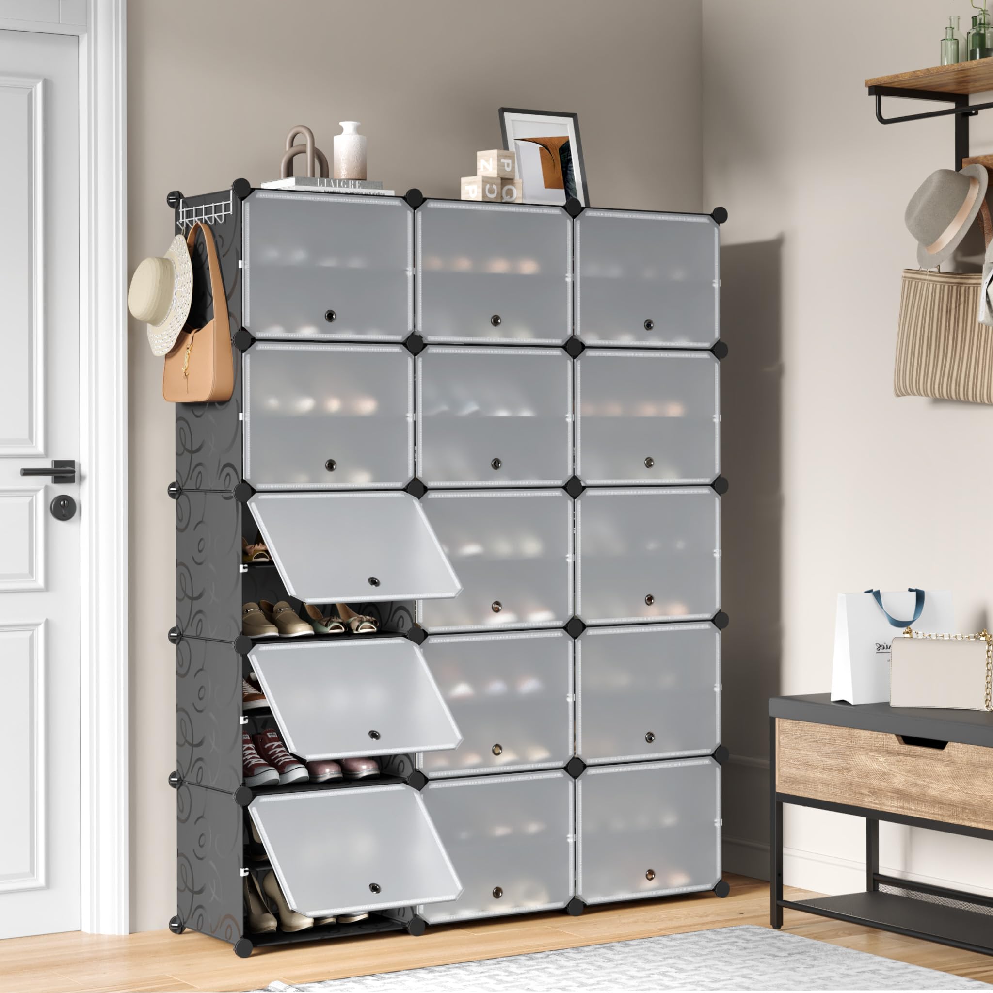 Mondeer Shoe Storage Cabinet, Oversized 3 x 10 Tier Plastic Shoe Rack to 60 Pair Shoes, Dust-proof Cube Shoe Organiser with Removable Shelf and Hooks, for Hallway Entryway Closet, Black