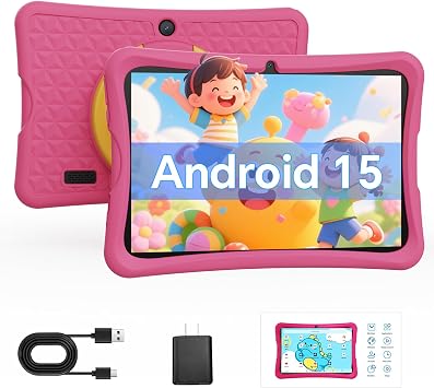 DigiLand 10.1" Kids Tablet, 6GB RAM 32GB ROM, Android 15 GO, with Kid-Proof Silicone Case, Parental Control, 6000mAh Battery, 5MP Camera, WiFi, Bluetooth 5.0, HD IPS Display -Pink