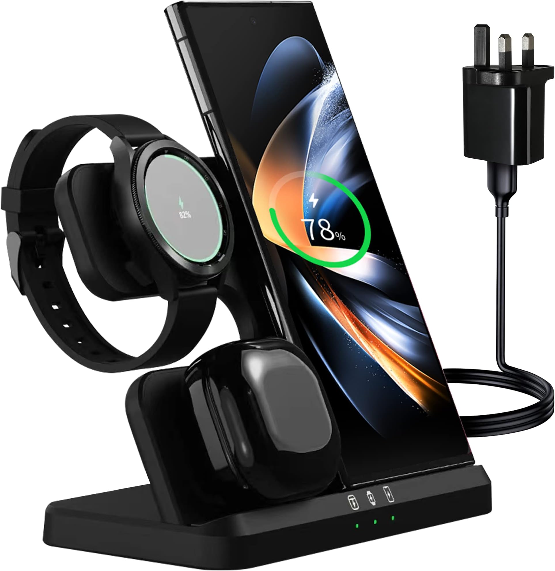 DGBAY Samsung 3 in 1 Wireless Charging Station, Fast Charger with 18w Adapter for Samsung Galaxy Watch 5 Pro/4/3, Phone S21 S22 S23 Ultra, Z Flip Fold Series, Note 20/10/9 & Buds 2 Pro/Live (Black)