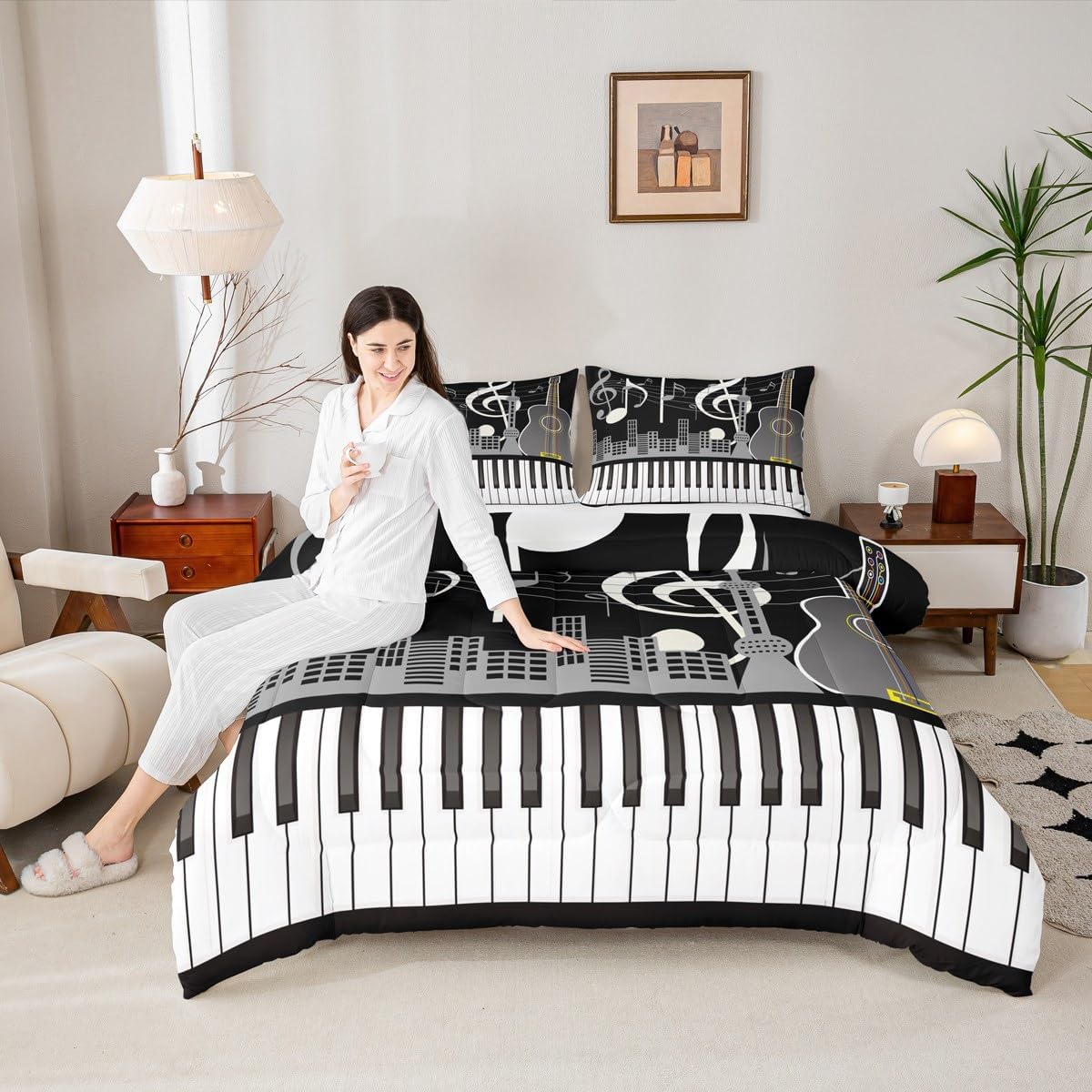 Erosebridal Paino Keys Bedding Set Full Size Musical Notes Comforter Set Guitar Rock Music Bedding Comforter for Kids Boys Teens Men Retro Black White Grey Quilt Duvet Bedroom Decor 3 Piece