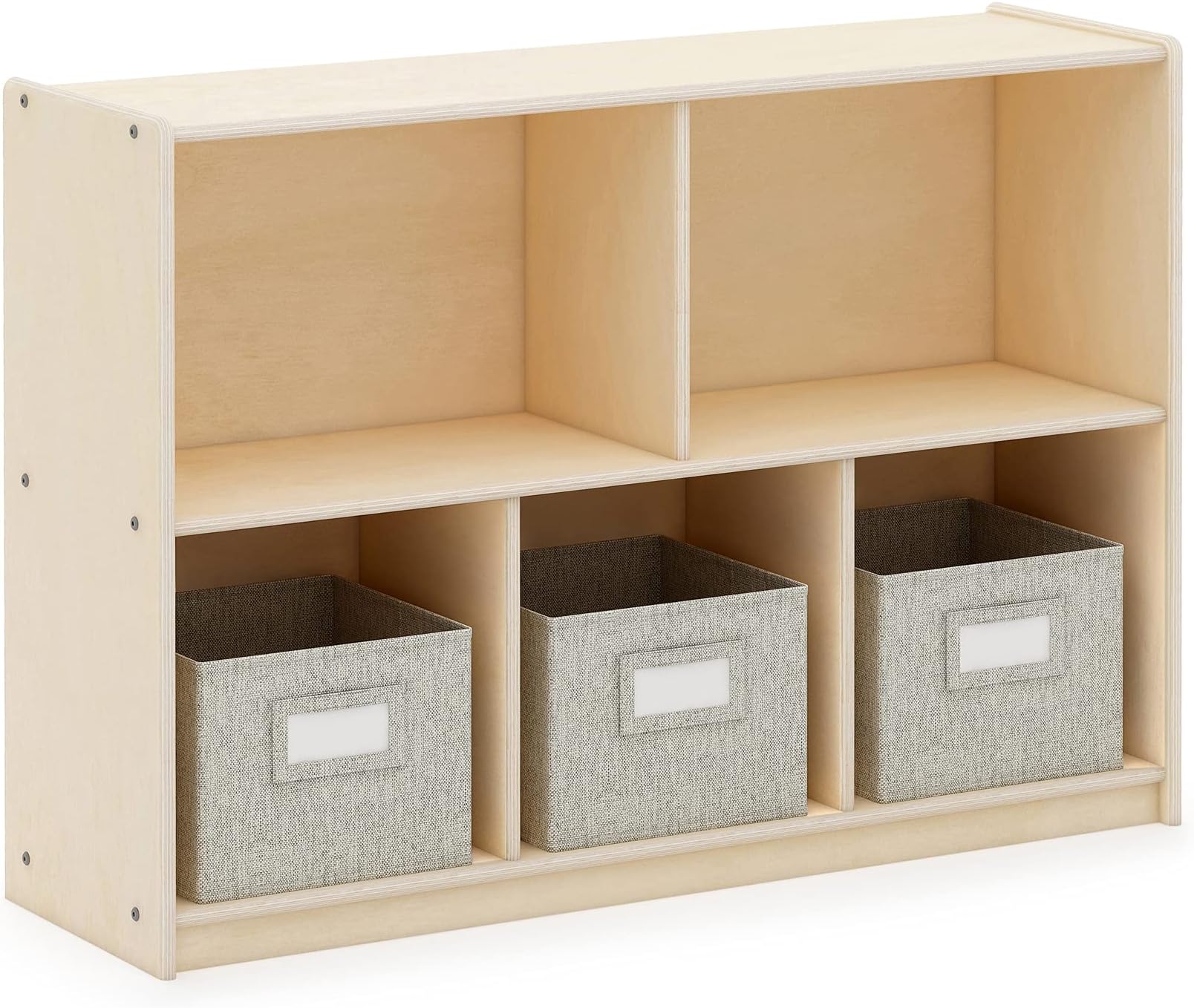 Guidecraft EdQ 5 Compartment Storage 30'' Natural with 3 Fabric Bins: Wooden Kids Bookcase, Two Shelf Organizer for Books, Toys, Games, Arts, Crafts, School Supplies; Home and Classroom