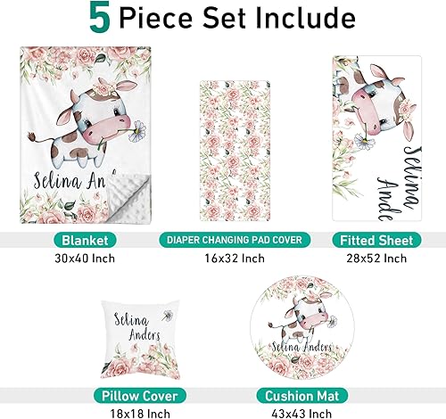 Miniatura 2 de Juego de ropa de cama personalizado para cuna 5 piezas con temática de vaca para niñas y niños con nombre personalizado, juego de manta de doble