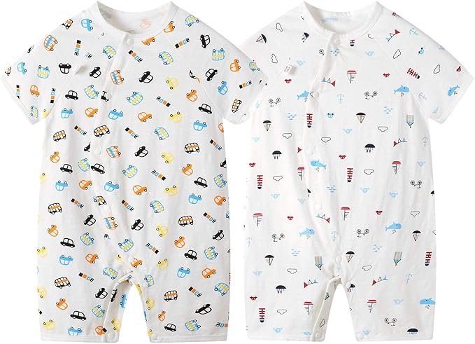 Amazon Co Jp Mum Nny ベビーロンパース 2枚セット半袖 夏服 肌着 ベビー服 男の子 前開き 棉 車 船柄 可愛い 総柄 服 ファッション小物