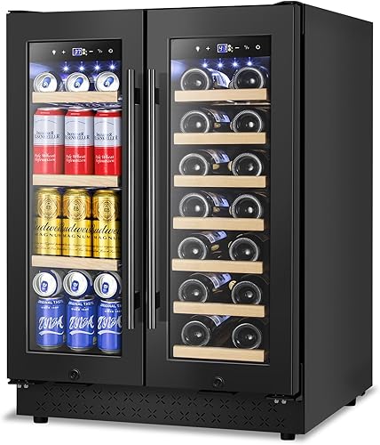 Refrigerador de vino y bebidas, enfriador de bebidas de 24 pulgadas, doble zona con puerta de vidrio, refrigerador de bebidas debajo del mostrador
