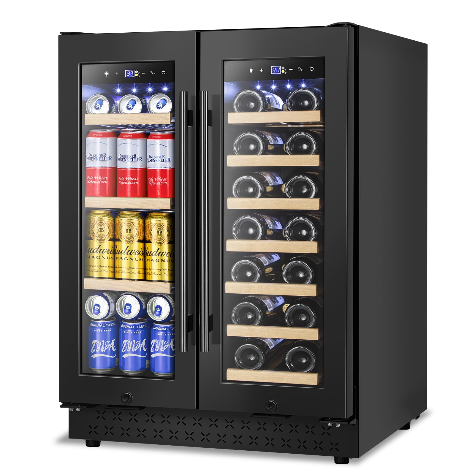 Wine and Beverage Refrigerator, 24 Inch Beverage Cooler Dual Zone with Glass Door, Under Counter Beverage Fridge with Upgraded 60 Cans 20 Bottles Large Capacity, Black