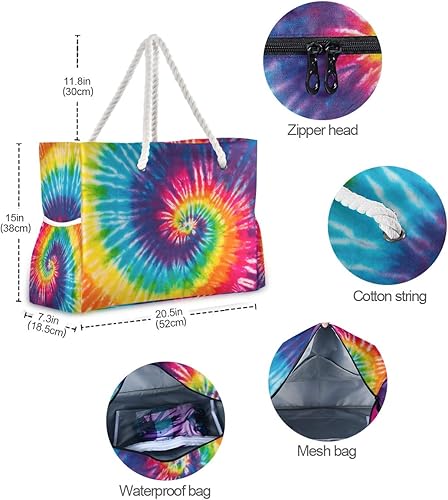 Miniatura 3 de ALAZA Bolsa de playa, colorido teñido anudado tradicional remolino hombro playa tote con asas de cuerda de algodón, Multi 04