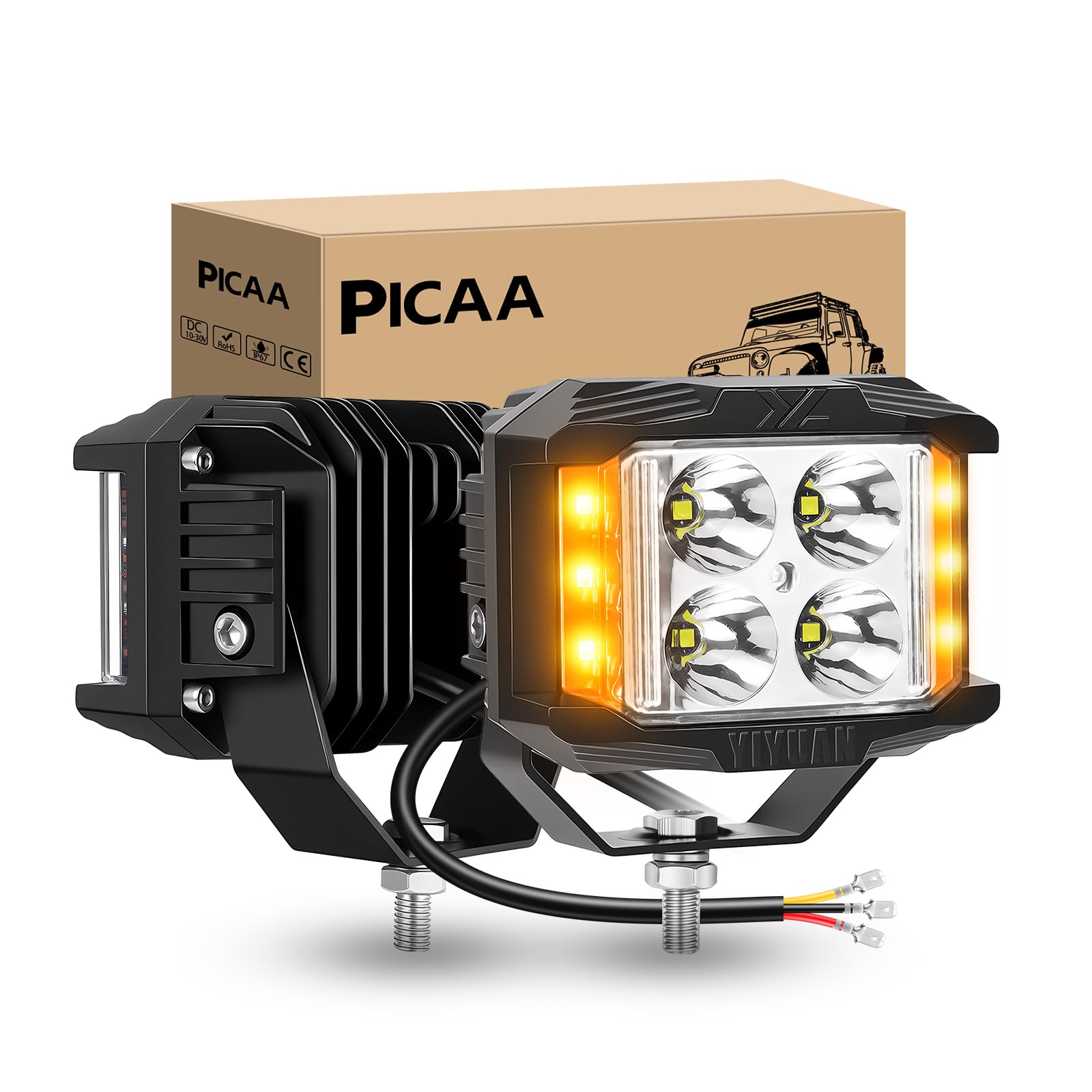 PICAA LED Work Light, 2PCS 4 Inch 35W 3500 Lumens Strobe LED Cube Work Lamp with Side Shooter, Offroad Driving Lamp Spot Flood Fog Light for 12V 24V 4WD Truck 4x4,Amber&White