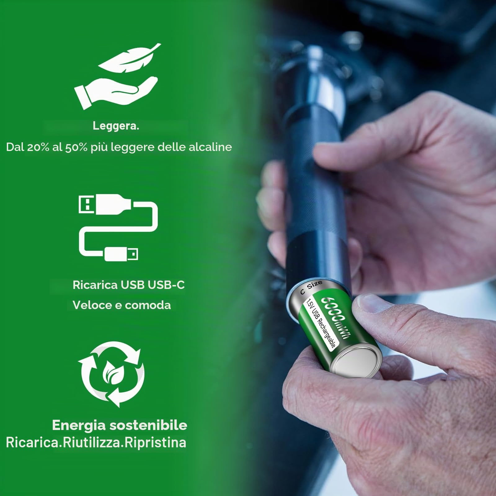 6 batterie ricaricabili Baby C USB 6000 mWh – 1,5 V/litio ricaricabili C batteria ad alta capacità con cavo di ricarica di tipo C, ricarica rapida 3 ore