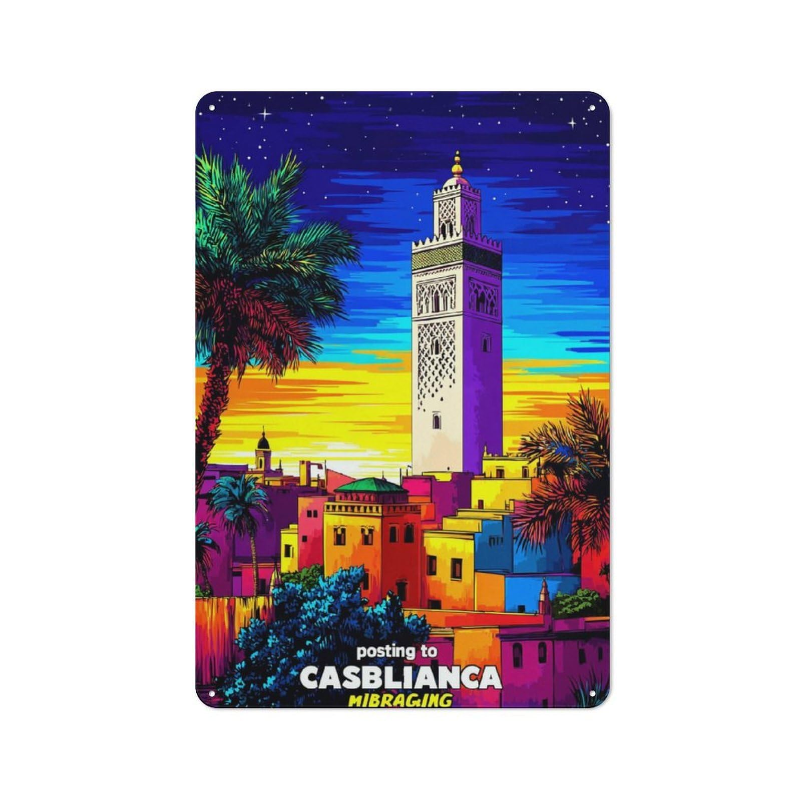 Junmoney Colorful Sunset In Casablanca Rustic Tin Sign 30X20cm, Vintage Porch Wall Decor For Conservatory, Home Bar Or Utility Room