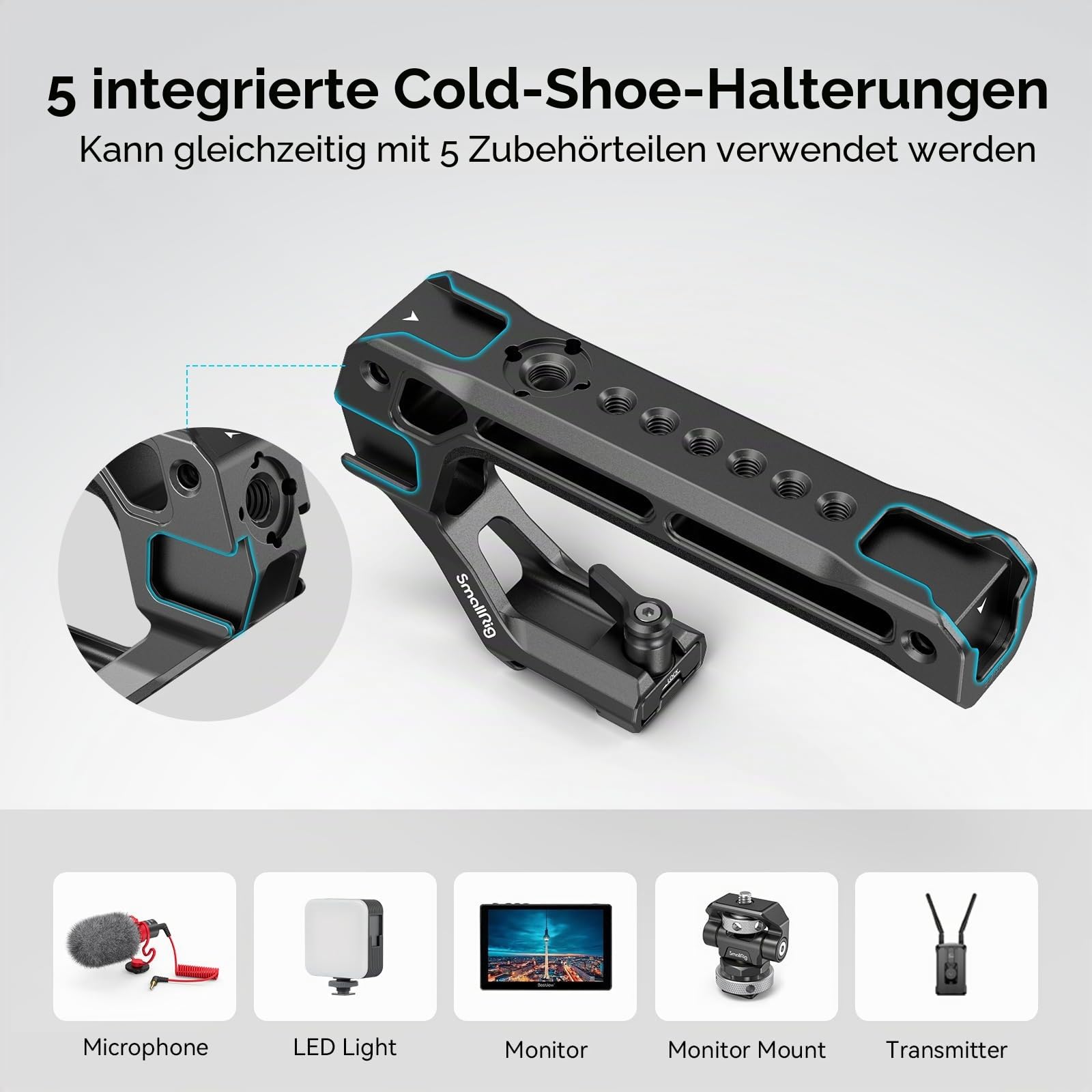 SMALLRIG NATO Top Handle, Griff mit NATO Schnellspanner für Kamerakäfig, universelles Video Rig mit 5 Kaltschuh zur Montage von DSLR Kamera mit Mikrofon, nur 124g (Lite) – 3766