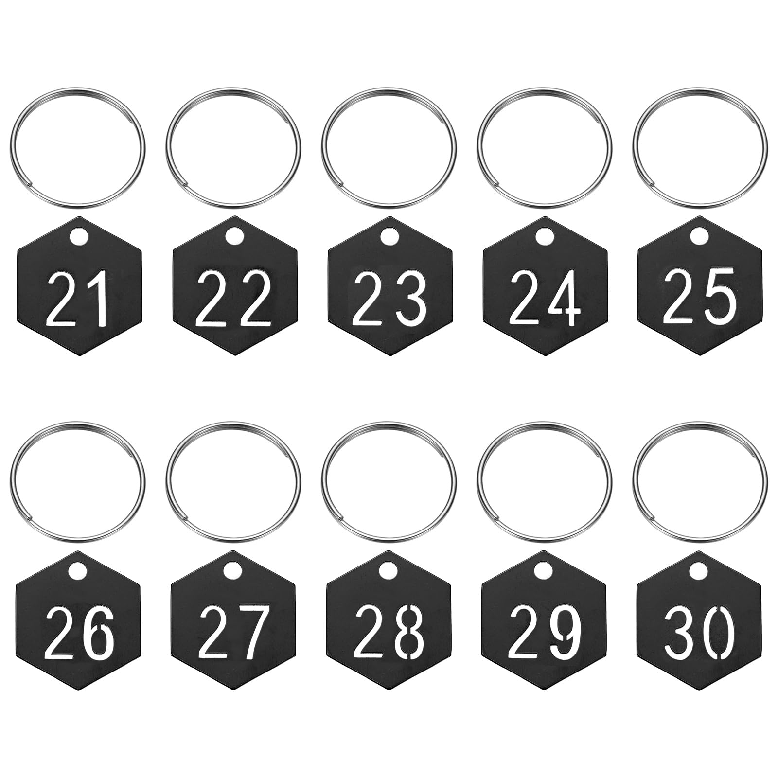 PATIKIL 10PCS Number Tags 21-30, Number Key Tags Stainless Steel Numbered Keychain Metal Sheet Plate with Key Rings for Organizer Field Sales Hangers Clothes Labels ID, Hexagon, Black
