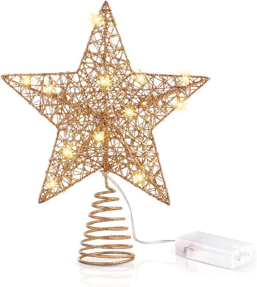 Christmas Star Tree Toppers - LED Lighted Christmas Tree Ornaments Gold Glitter Hollow Metal Star for Christmas Tree Decoration Christmas Party Supply
