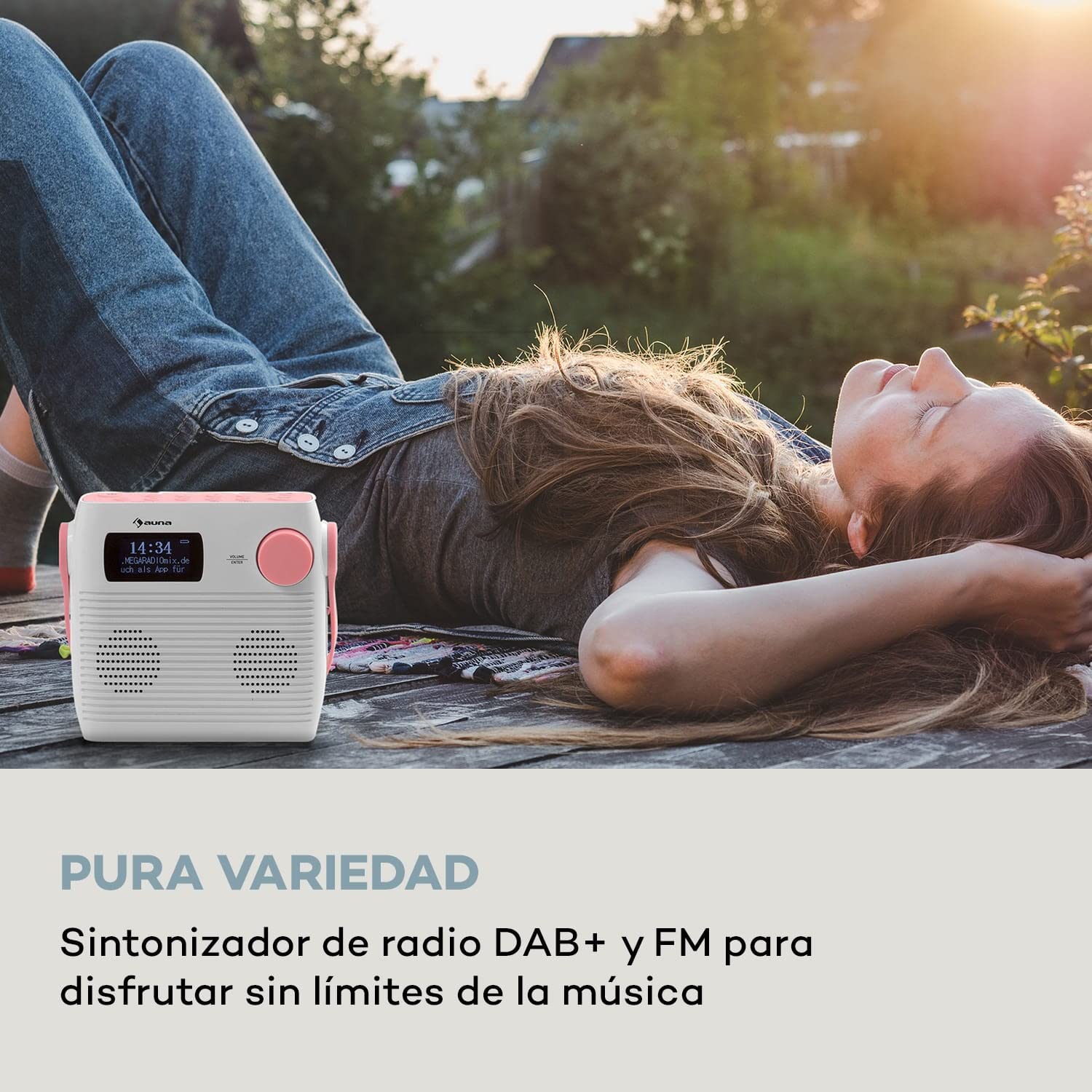 Auna Splash Radio Ducha Impermeable, Radio Dab, BT Dab+/UKW IPX4, Radio Garden Dab+ con Puerto USB Toma de Auriculares batería USB-C, Radio para Ducha Digital, Blanco/Rosa