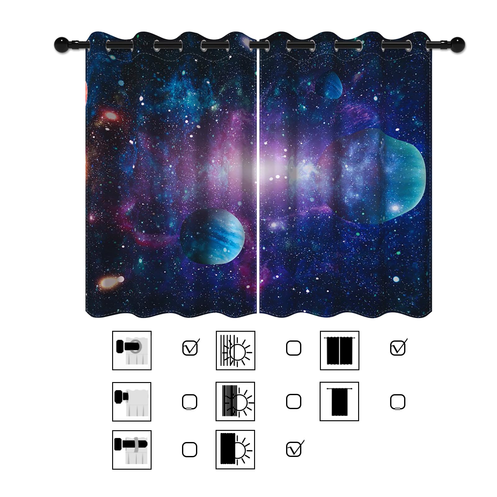YongFoto 117x183cm Rideaux Occultants pour Chambre Garçon - Planète Énorme Point Lumineux Fantaisie Galaxie Espace - Salle de Jeux Salle de Théâtre Privée, 2 Panneaux