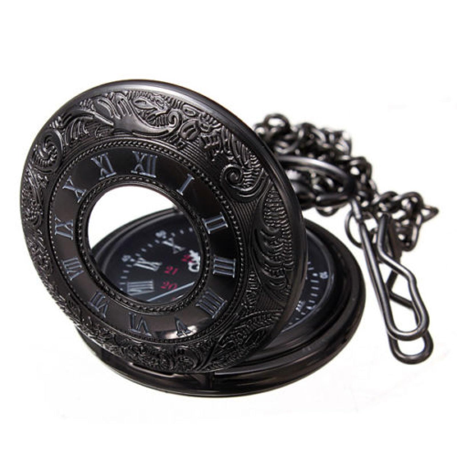 Czarny, unisex, modny zegarek kieszonkowy steampunk z rzymskimi cyframi, damski naszyjnik wisiorkiem i łańcuszkiem, prezent