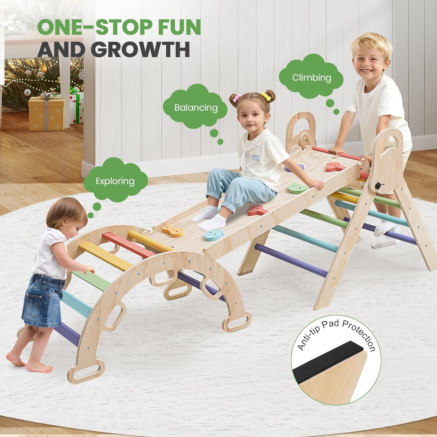 pikler triangle set – 7 in 1 toddler climbing toys indoor for 1+ year old | foldable kids playground jungle gym with wooden arch & ramp & ladder | montessori climbing set for kids-multicolor triangle with handdrill-multicolor