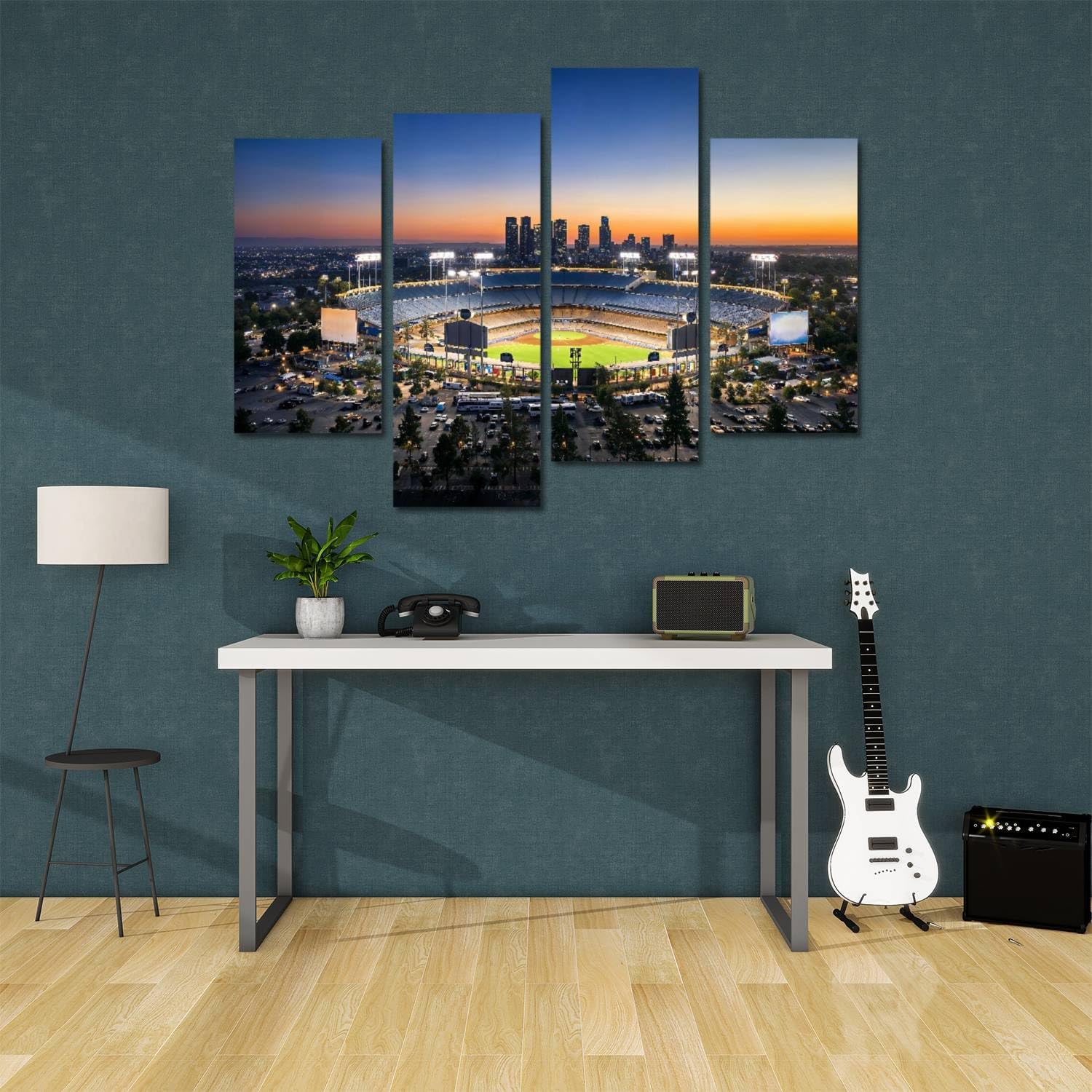 Los Angeles City Skyline with Stadium Canvas Wall Art Hanging Paintings Modern Artwork Abstract Picture Prints Home Decoration Gift Unique Designed Framed 4 panel