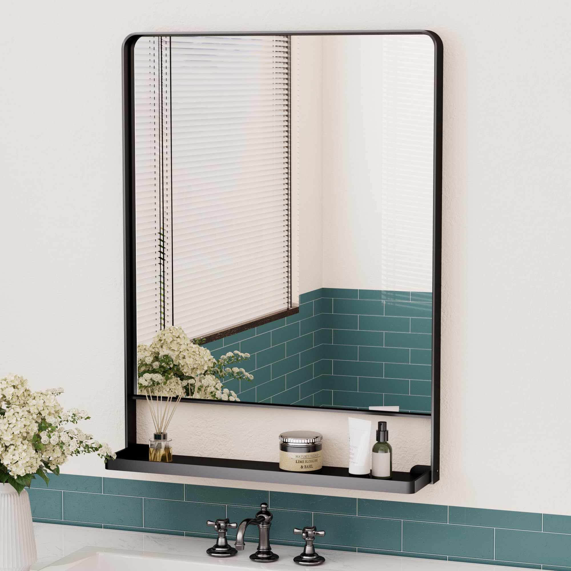 Keonjinn Black Bathroom Mirror with Shelf 24x32 Inch, Rectangle Metal Frame Bathroom Vanity Mirror for Over Sink, Matte Black Rounded Corner Large Wall Mirror for Living Room, Bedroom, Entryway