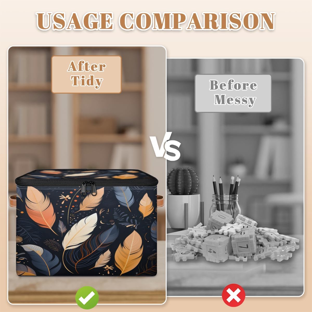Storage Bin Set of 2 Ethnic Feathers Storage Basket with Zipper Lid & Handle Foldable Closet Shelf 2 Pack Cloth Organizer Basket Cube Bins Clothes Organizer for Bedroom, Nursery