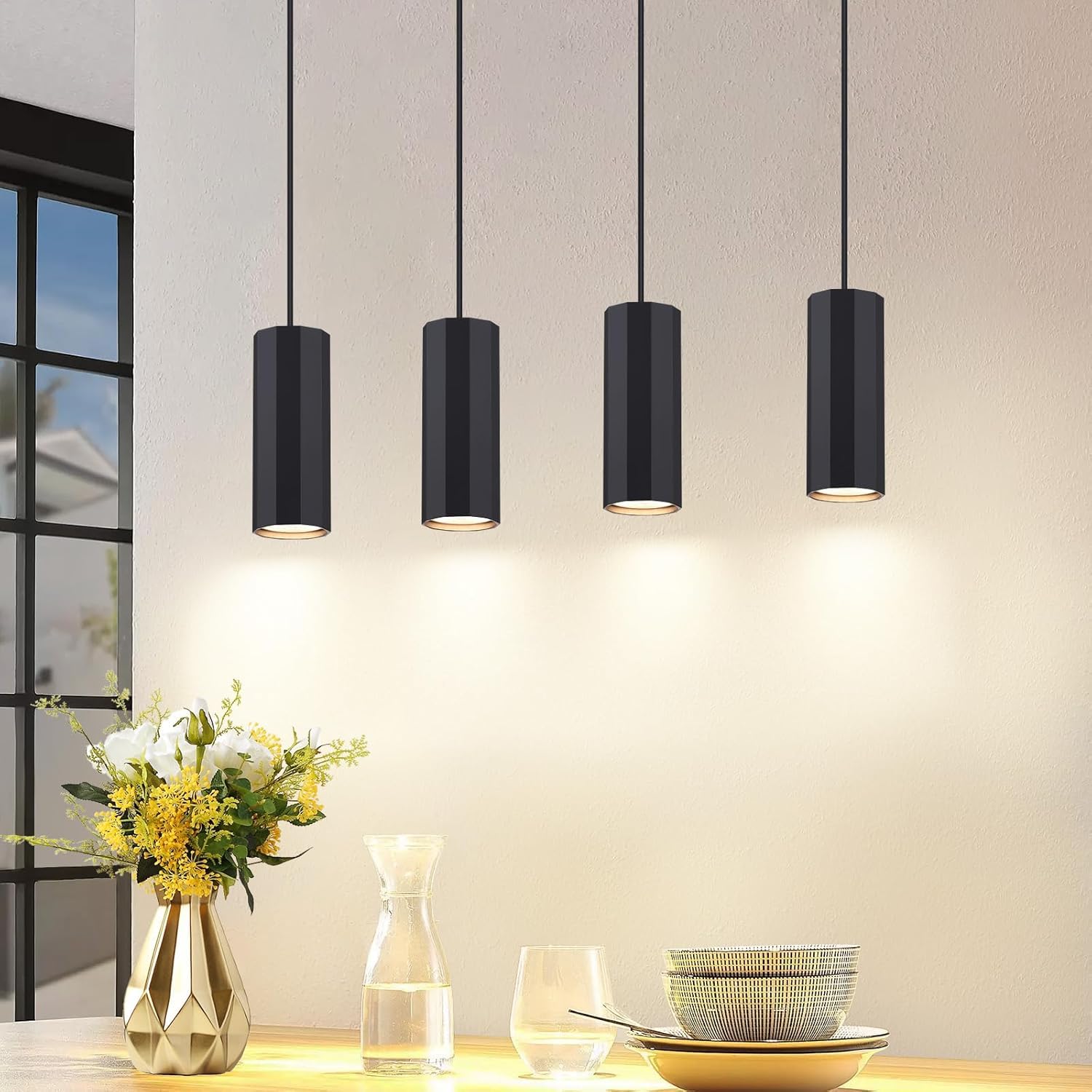 Glitzerlife Lámpara Colgante Mesa de Comedor Negro 4 Bombillas GU10 | Lámpara de Comedor Industrial Moderna de Metal para Interior Cocina Dormitorio