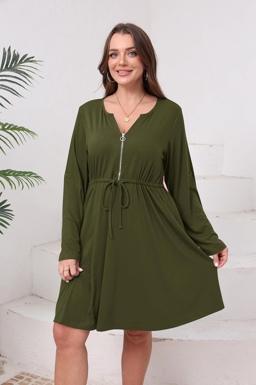 Womens Plus Size Dress Casual Roll up 3/4 Sleeves Zipper V Neck Tie Waist Flowy Loose Dresses with 2 Pockets - Image 2