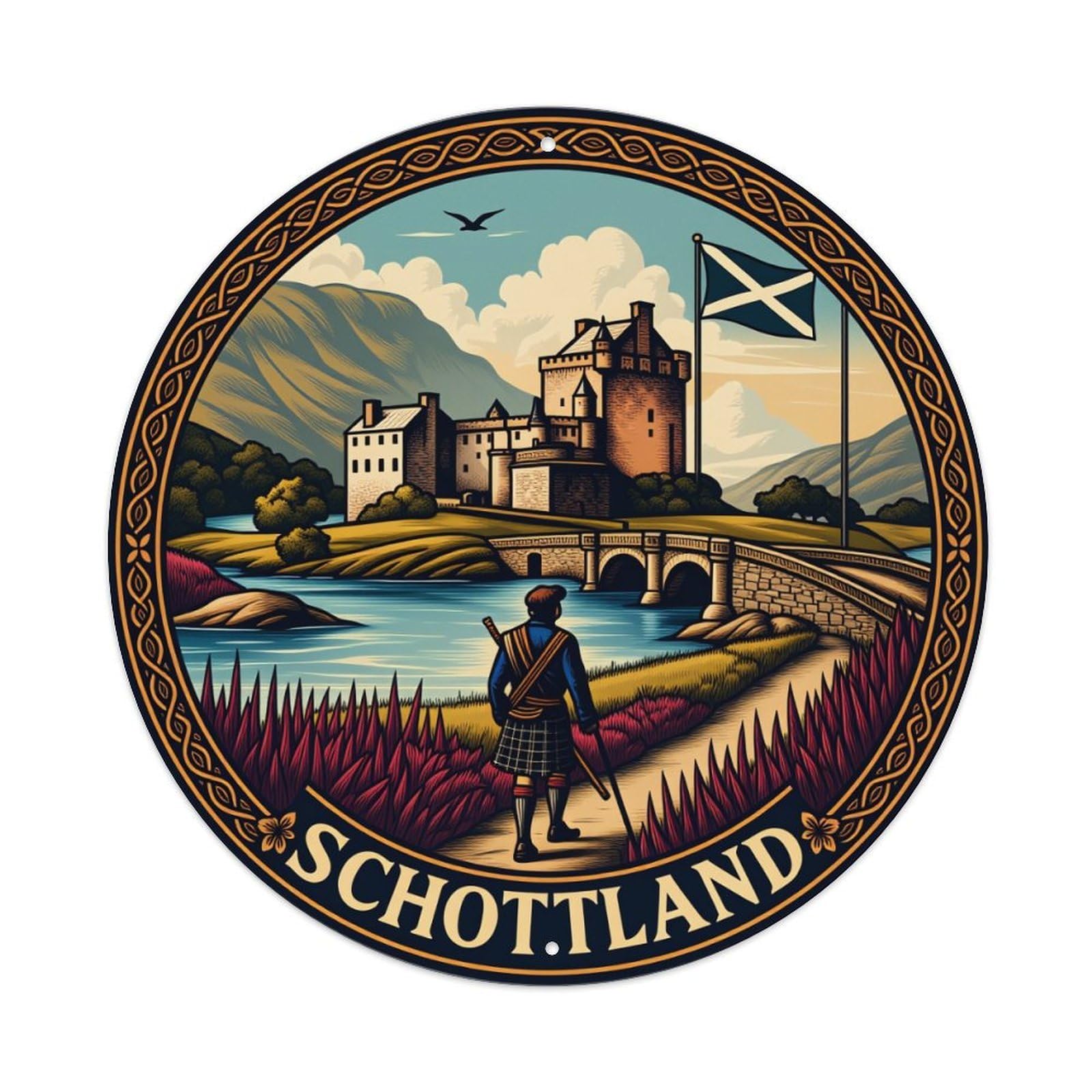 Scottish Castle Landscape Flag Man Round Tin Sign Vintage Metal Poster Retro Bar, Home, Man Cave, Kitchen, Laundry Room Wall Art Decor Gift 8x8Inch