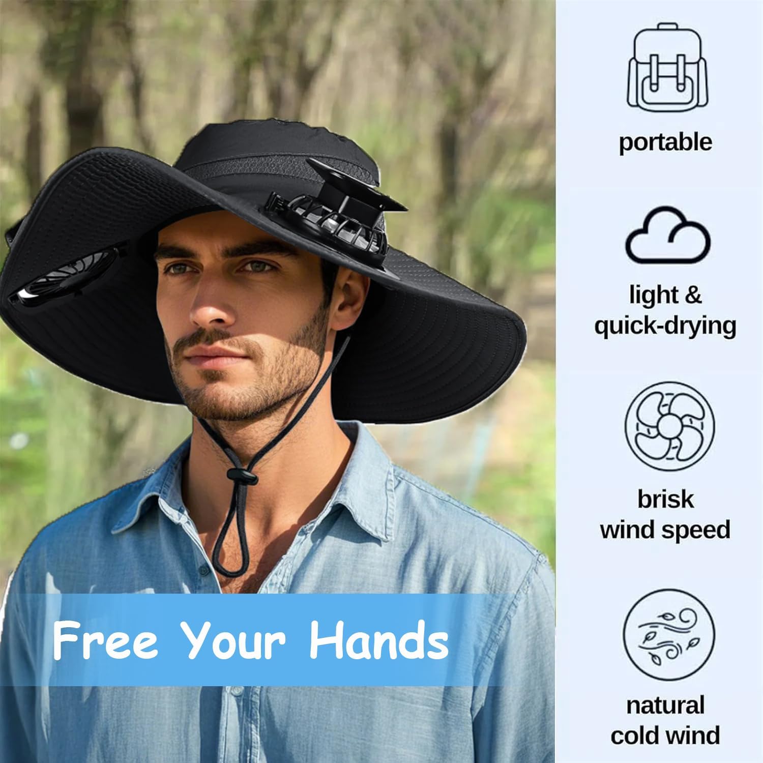 Solar Powered Fan Hat with 2 USB Solar Charging Removable Fans Wide Brim Sun Hat for Outdoor Fishing, Hiking Gardening - Image 2