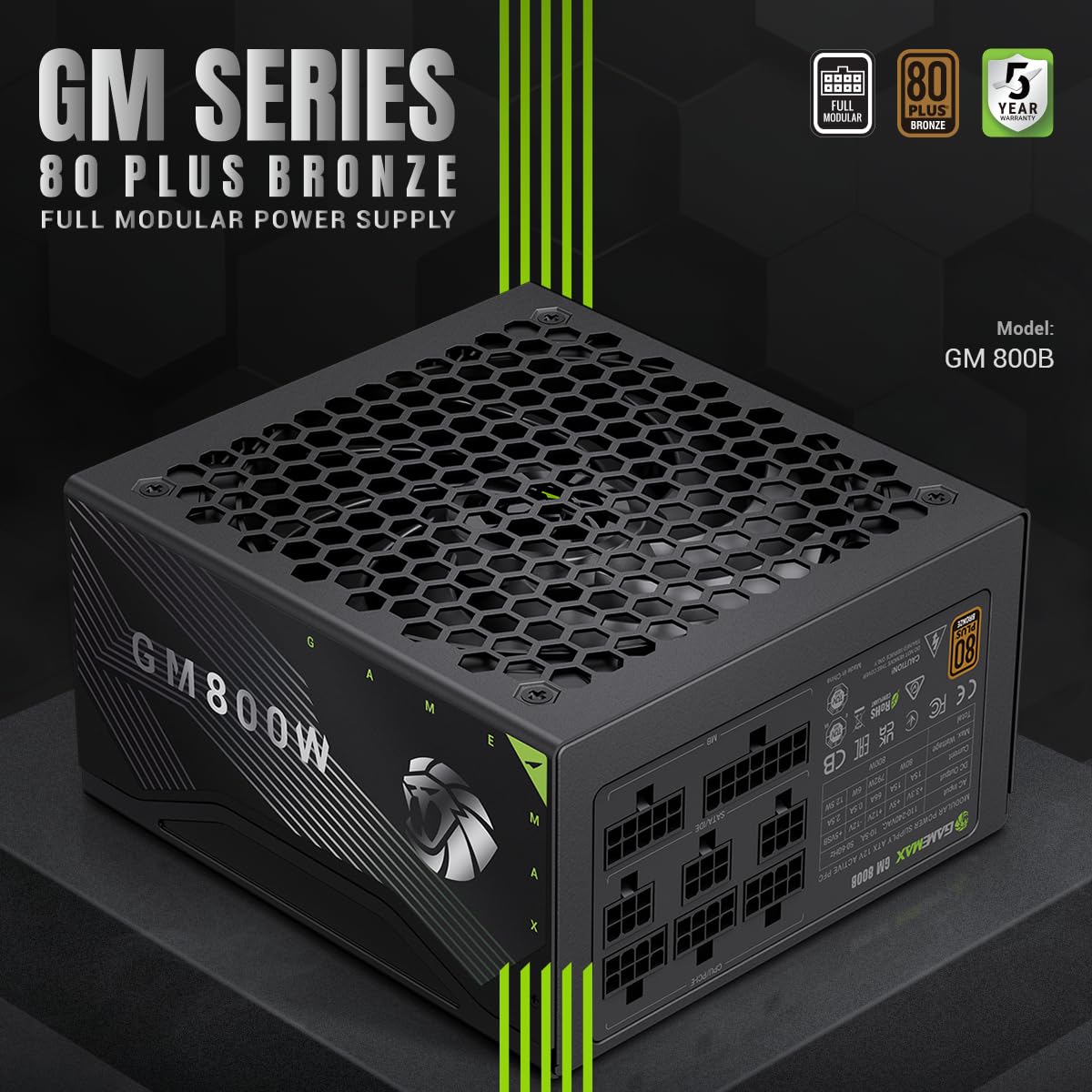 GAMEMAX GM 800B zasilacz PC 800 W, w pełni modułowy, 80 Plus Bronze, Active PFC & DC-to-DC, ATX Single 12 V Rail, wentylator 140 mm, wysokiej jakości kondensatory, 7 funkcji ochronnych, czarny