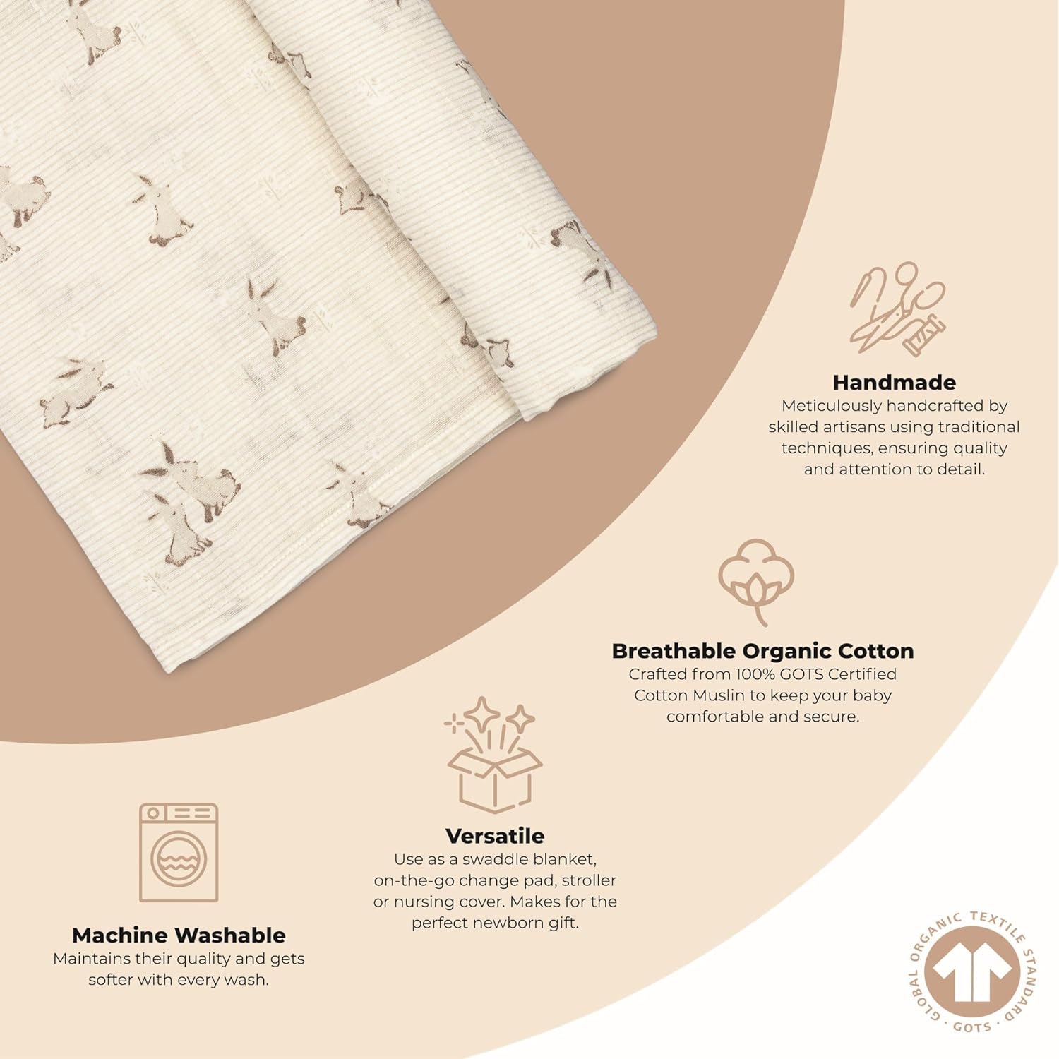Crane Baby 100% Organic Cotton Bunny Single Baby Swaddle Wrap for Boys and Girls, Gender Neutral Newborn Swaddling Blanket, Baby Registry and Gift, 47 x 47 inches - Image 2