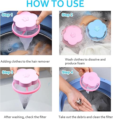 Miniatura 3 de 4 piezas reutilizables para lavadora, eliminador de pelusas para el hogar, para lavandería, lavadora, atrapa bolsas de malla flotante (azul, rosa)