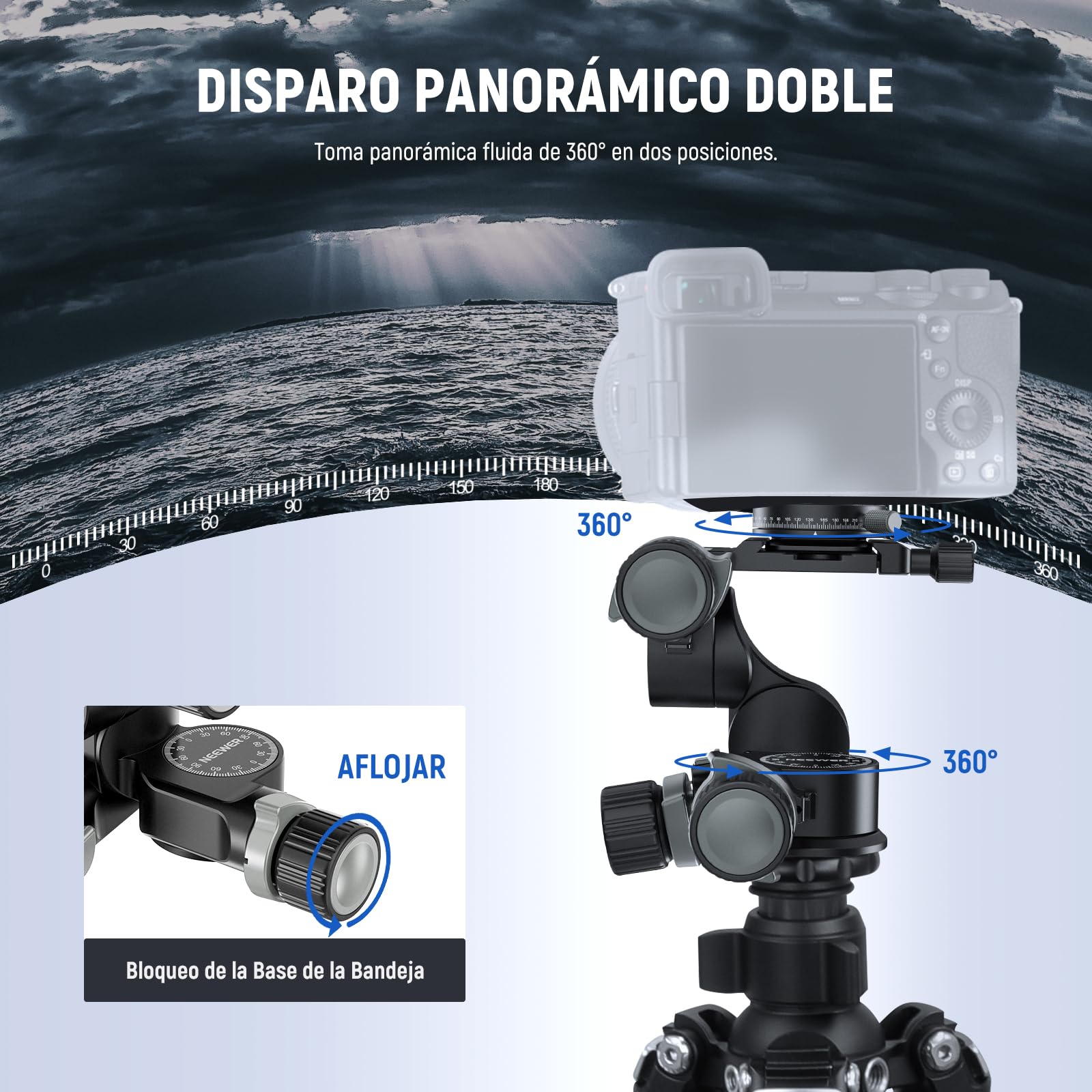 NEEWER Cabezal de trípode con Engranaje de 3 vías con Placa Arca QR panorámica de 360°, microajuste milimétrico, Cabezal de inclinación panorámica de 3 Ejes de aleación de Aluminio con Interruptor
