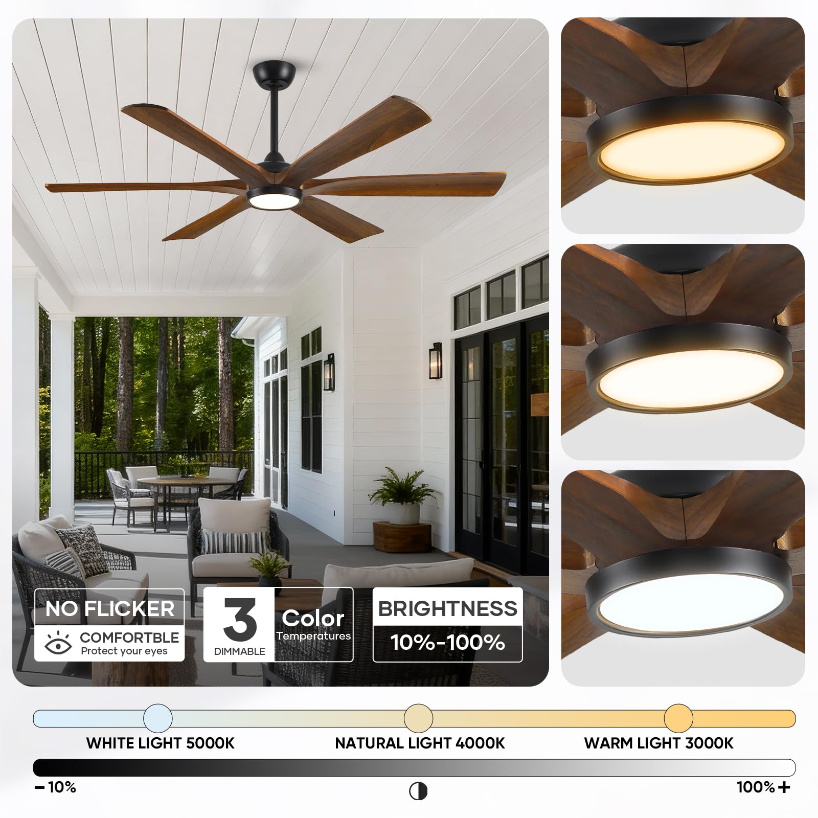 72 Smart Outdoor Ceiling Fan with Light via Wifi Alexa Modern Farmhouse Wood Ceiling Fan Propeller Damp Rated — view 5
