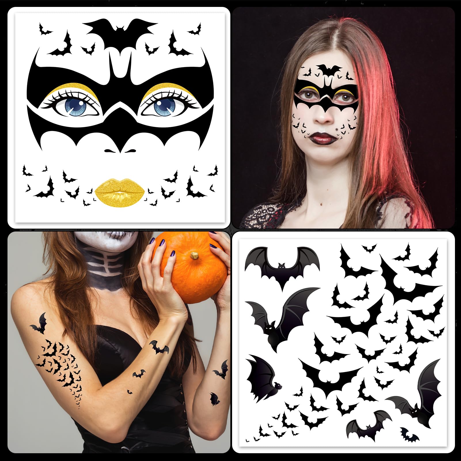 HOWAF 4 PCS Halloween Face Tattoos, Bat Face Sticker Temporary Tattoos Stickers for Bat Costume Carnival Halloween Costume Women Men - Image 3