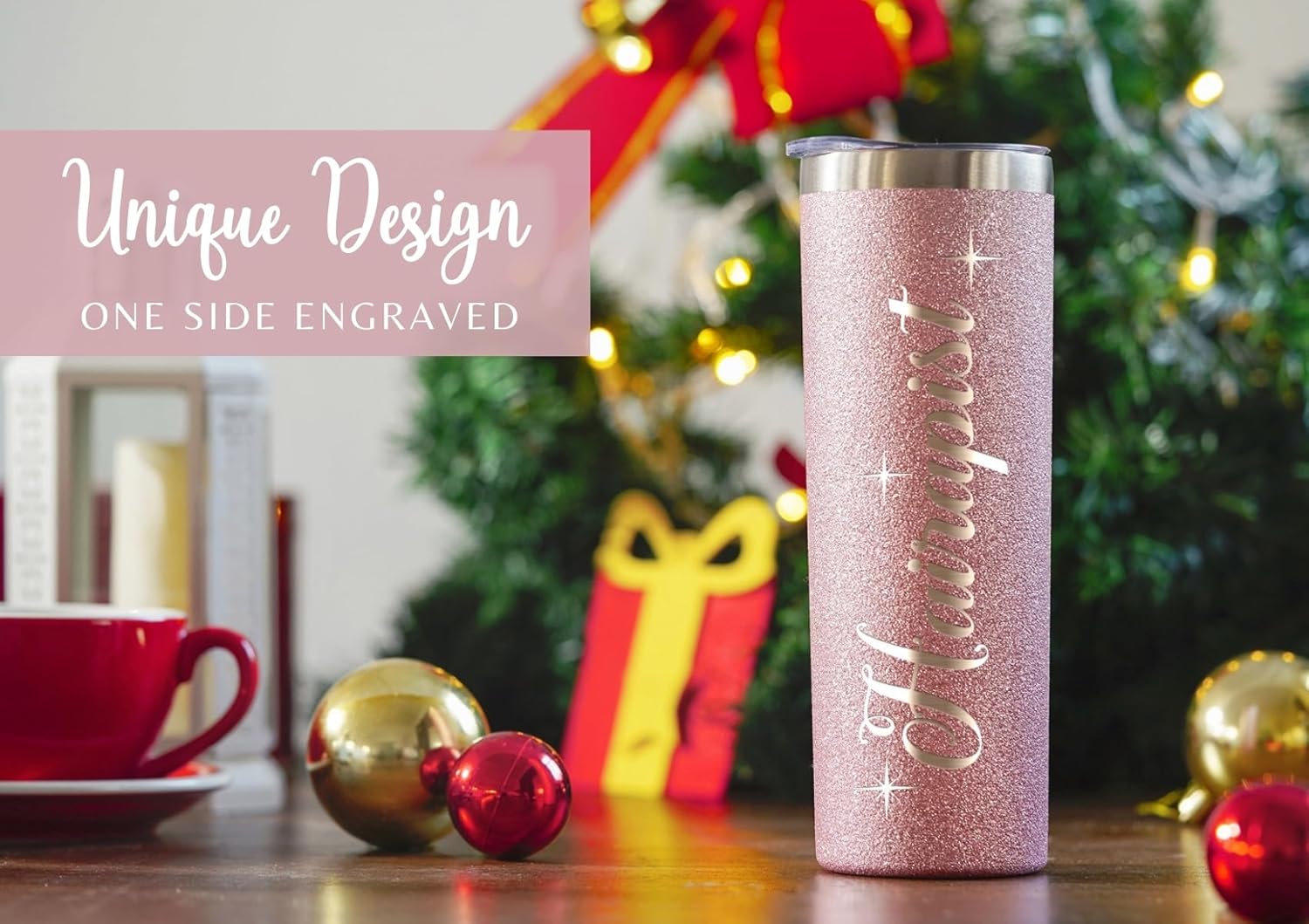 Onebttl Hair Stylist Gifts For Women, Female, Her - Hairapist Love is in the Hair - 20oz/590ml Stainless Steel Insulated Tumbler with Straw, Lid, Message Card - (Glitter Rosegold) - Image 3