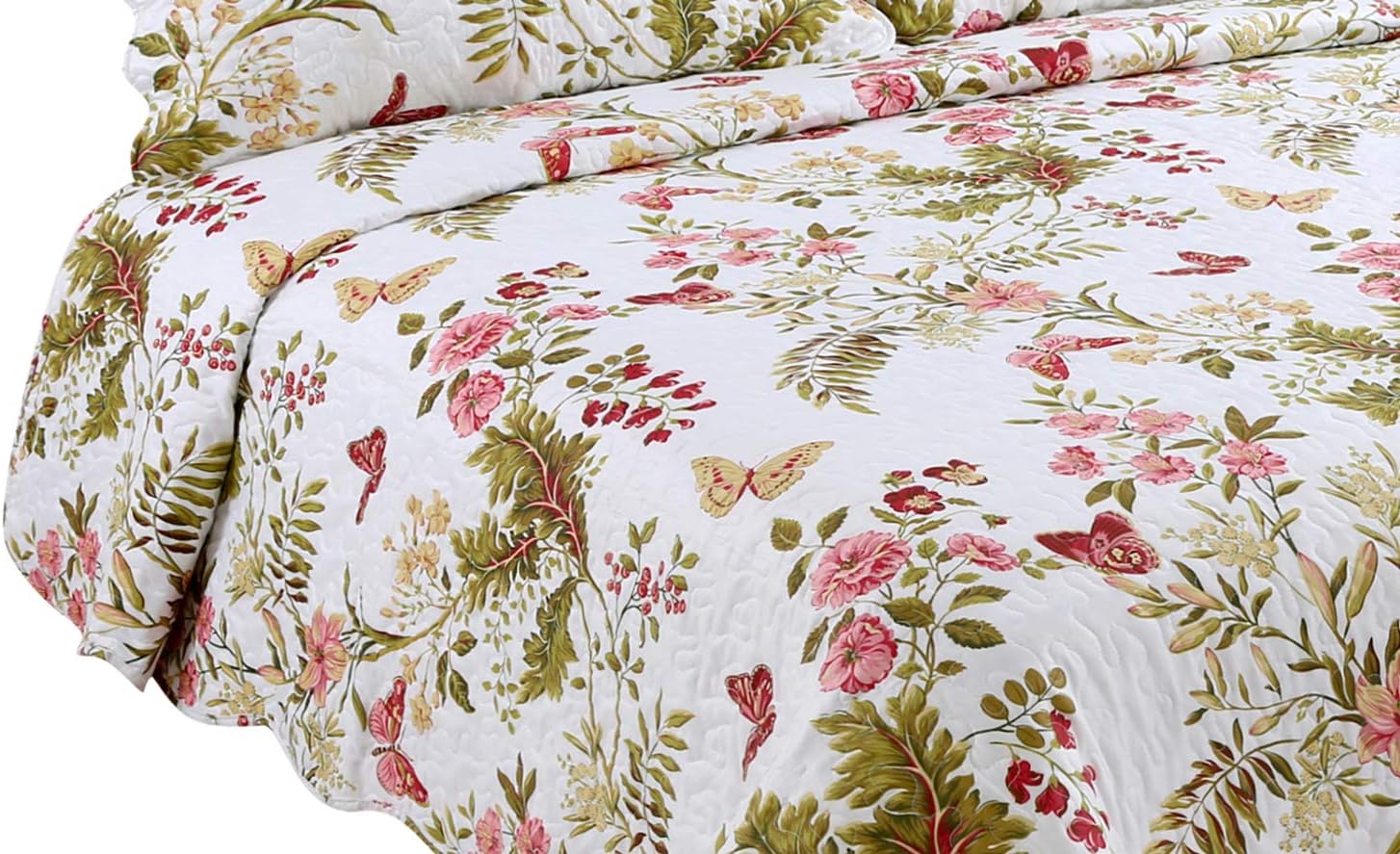 Marina Decoration Rich Printed Stitching Coverlet Bedspread Ultra Soft 3 Piece Summer Quilt Set with 2 Quilted Shams, Butterfly and Flower Pattern Pink Green Red Color Queen/Full Size