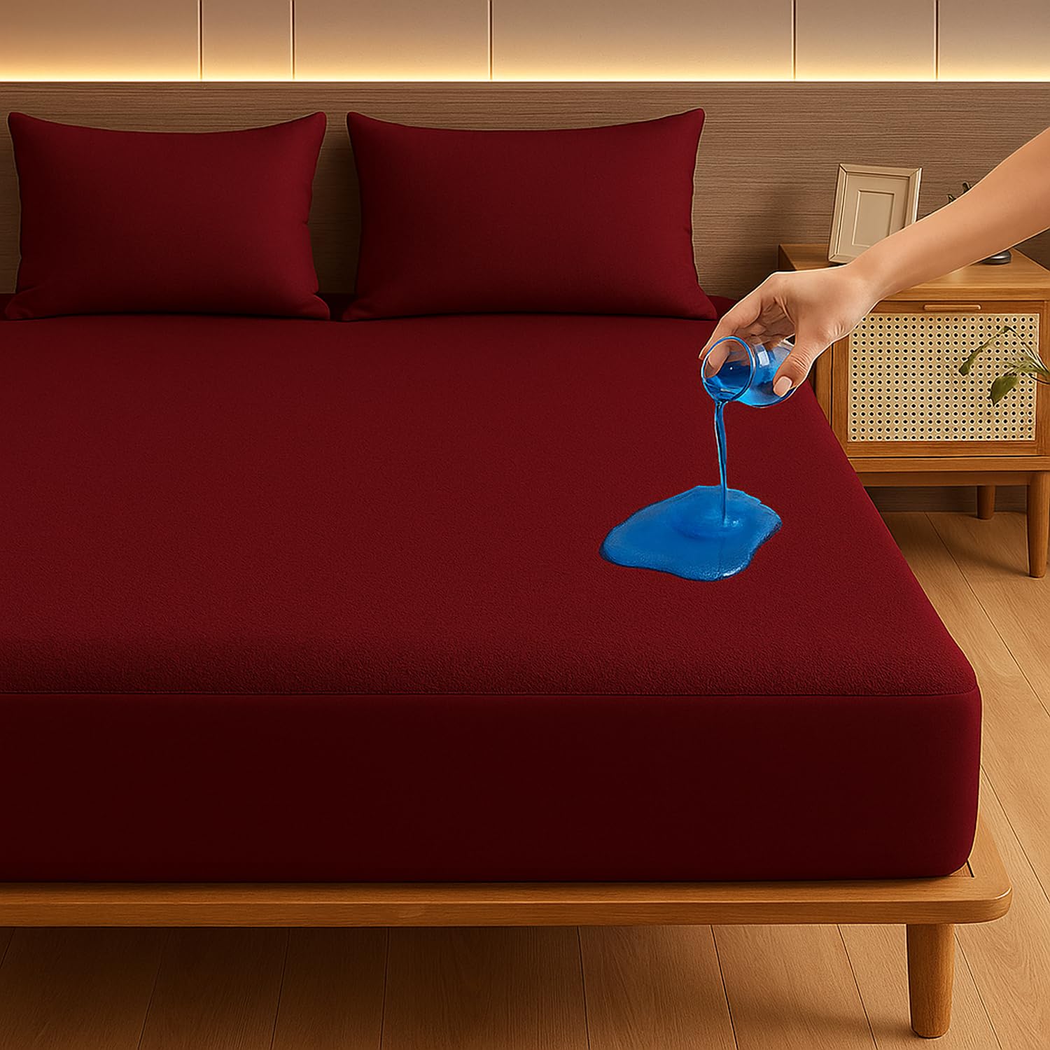 Renva Waterproof Mattress Protector Double Bed,Single Bed Twin,King,Qeen Protector Sheet Cover, Ultra Soft Fitted Terry Cotton Feel Fabric Elastic Skirting, (Maroon, 72x72 Inches)-image-39