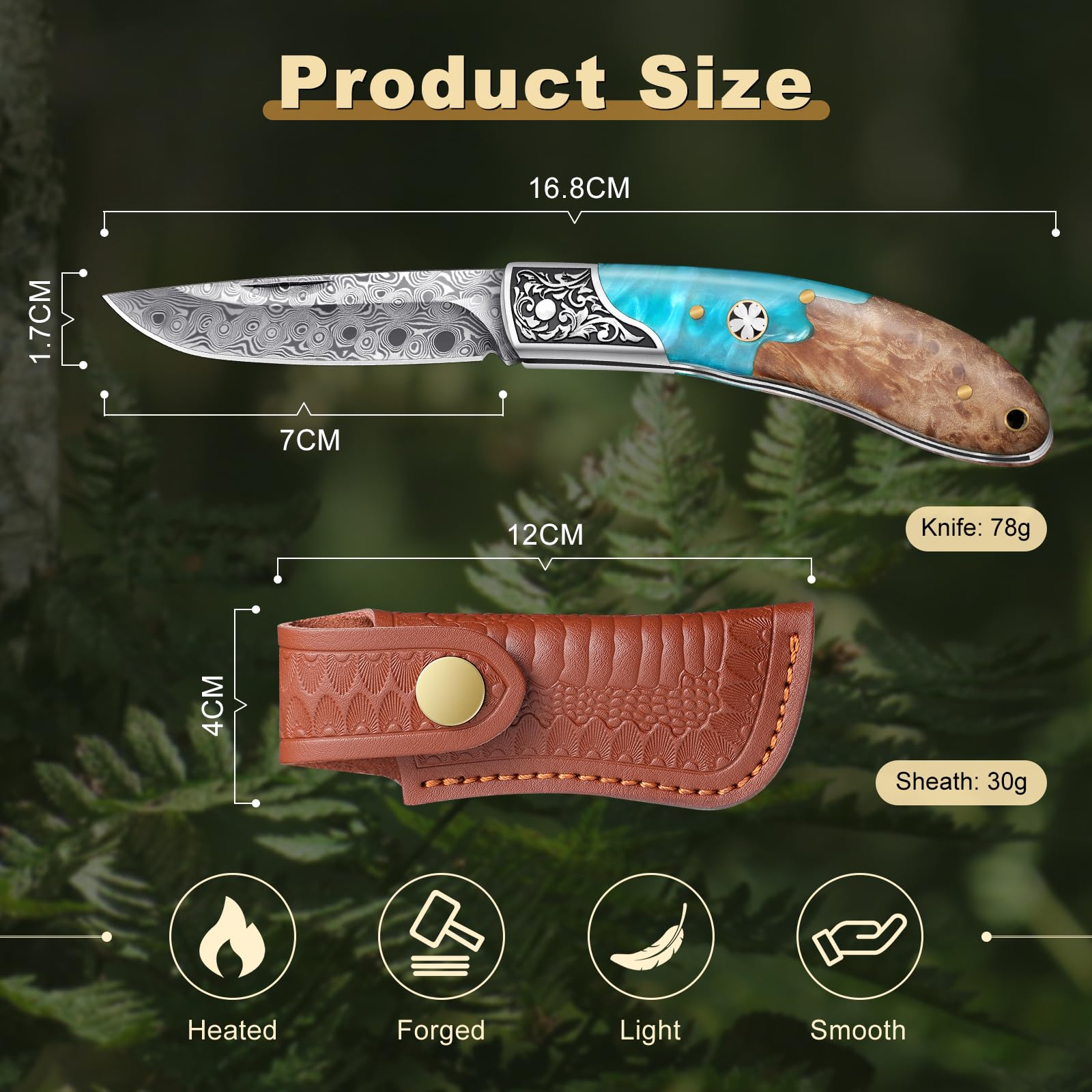 Freelander Coltello tascabile pieghevole in acciaio 5CR15, manico in legno di pera, per esterni, sopravvivenza e pesca con fondina