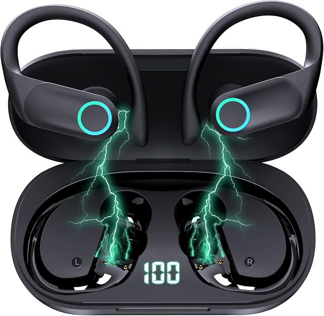 RFNAYK Bluetooth 5.1 Wireless Earbuds Wireless Sports Bluetooth Earphones IPX7 Waterproof in Over Ear Headphones with Earhooks Built-in Mic Headset for iPhone Android Sports Running Outdoor