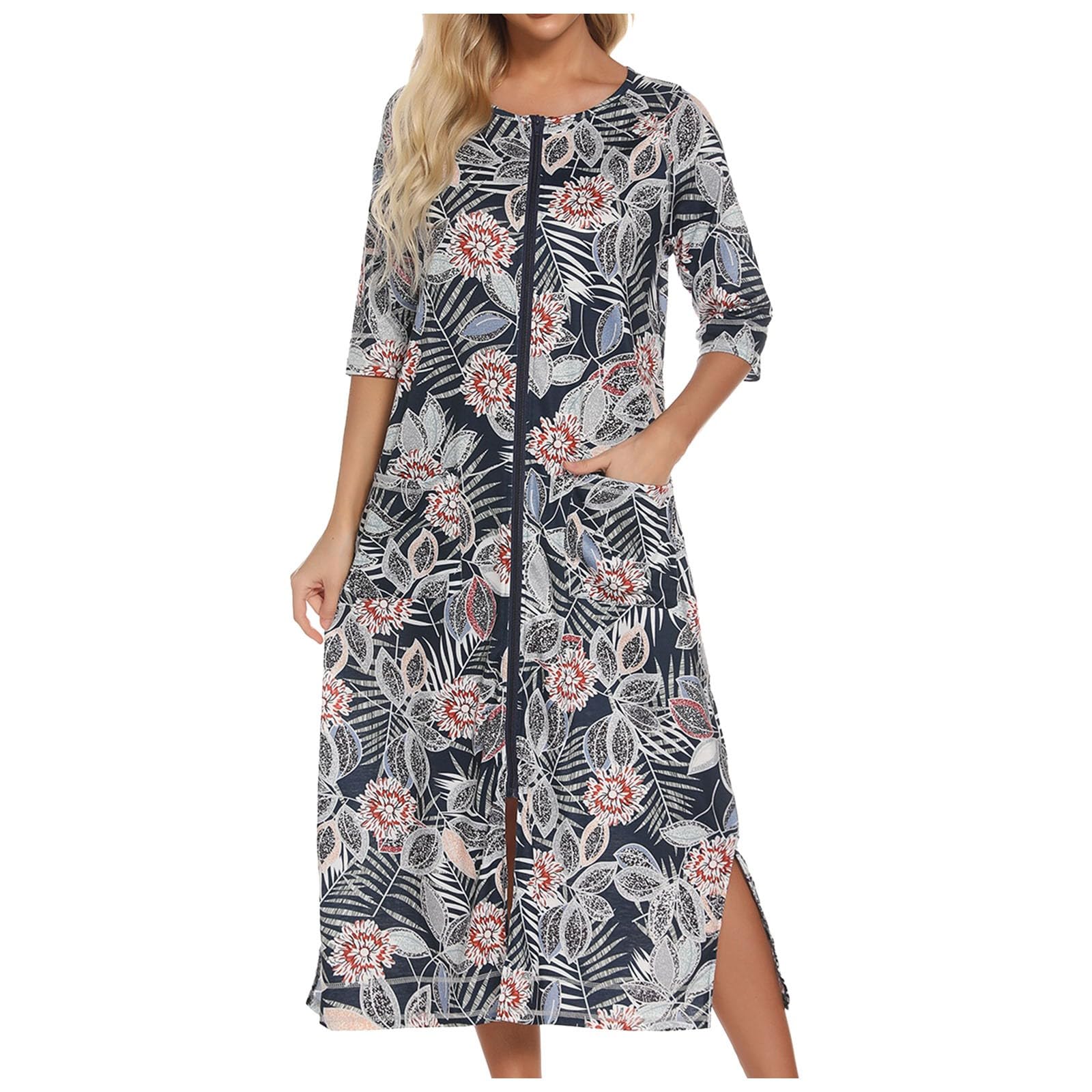 Generisch Vestido de verano para mujer, albornoz con cremallera frontal, albornoz de media manga, bata de algodón suave con bolsillos