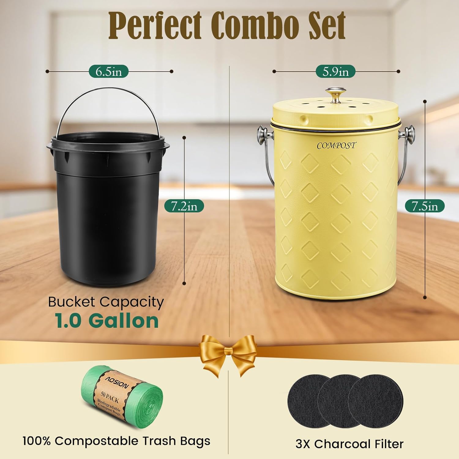 AOSION Countertop Compost Bin Kitchen,Odorless Indoor Compost Bin with Lid,Farmhouse Composter Container for Food Waste,Includes 2 Carbon Filters, Small Compost Bucket,Trash Bags (Modern, Yellow)