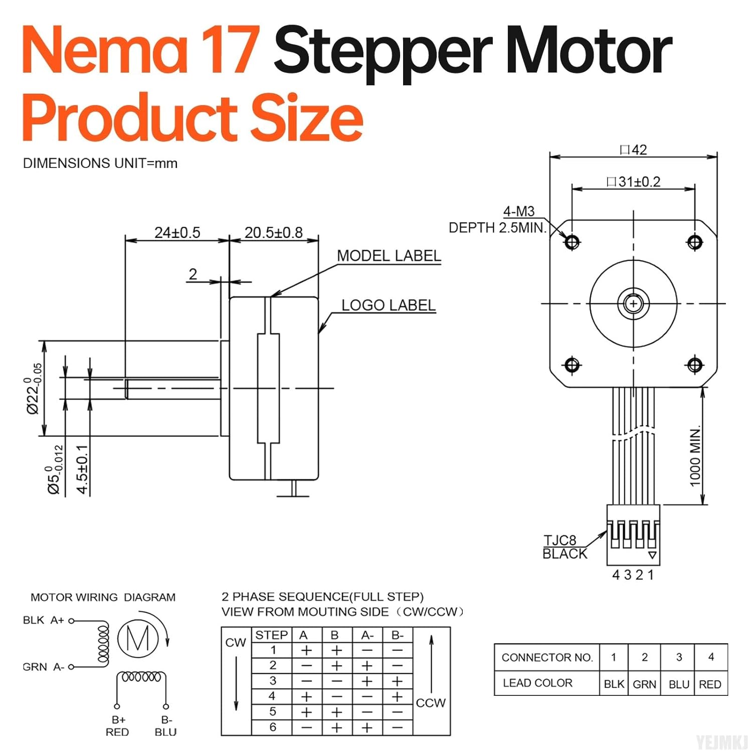 3Pack Nema 17 Stepper Motor 2 Phase 1.8‌°‌ 0.13Nm(18.41oz·in) High Torque Bipolar 21mm 4.2Ω 1.0A 4-Lead Shaft 24mm φ5mm 42 Stepper Motor Cable 1M for 3D Printer DIY Robot CNC Machine