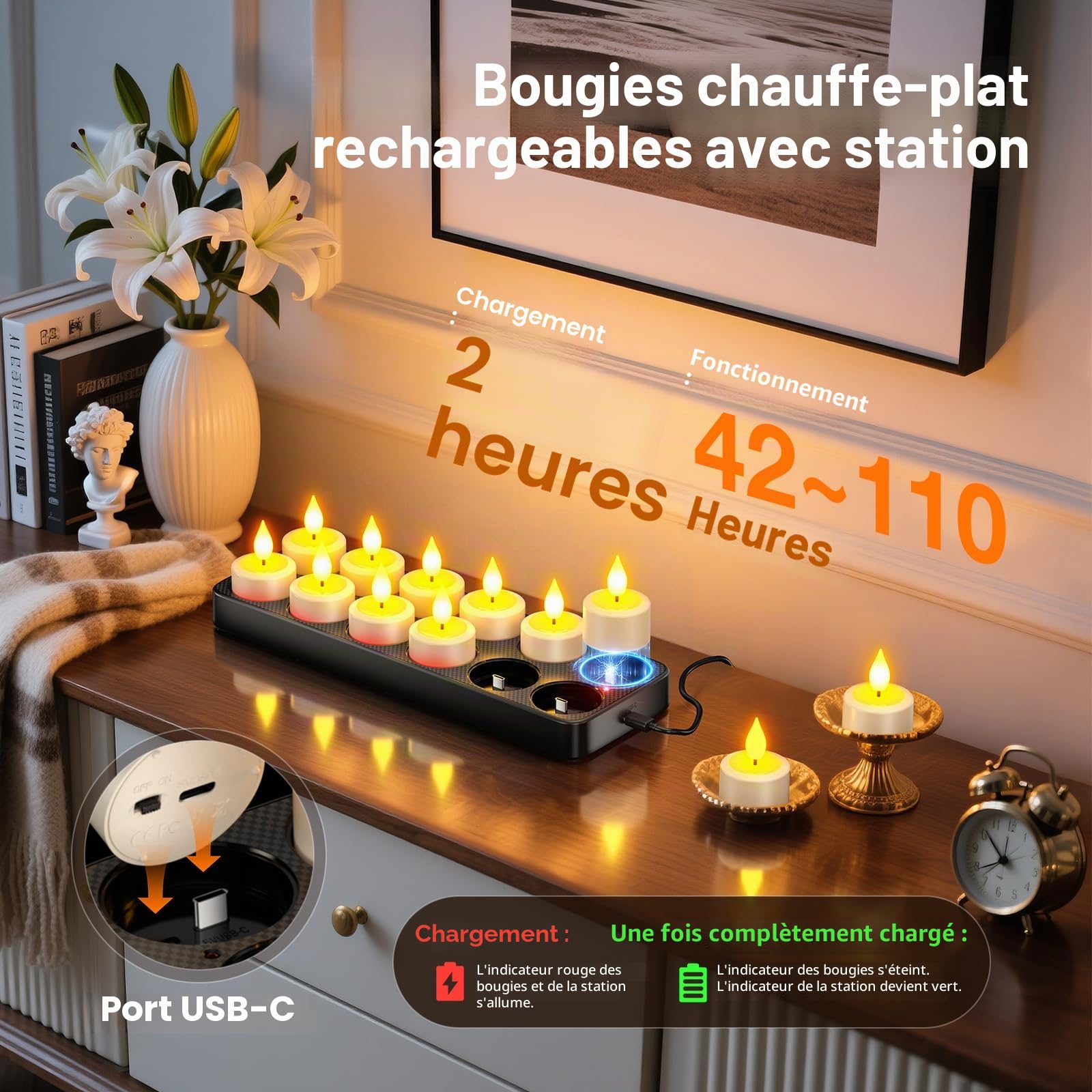 PChero Bougie Chauffe Plat LED Rechargeable, 12pcs Fausse Bougies à LED Flamme Vacillante Bougie Decorative Electrique avec Télécommande pour Deco Noel Anniversaire Maison Chambre Mariage