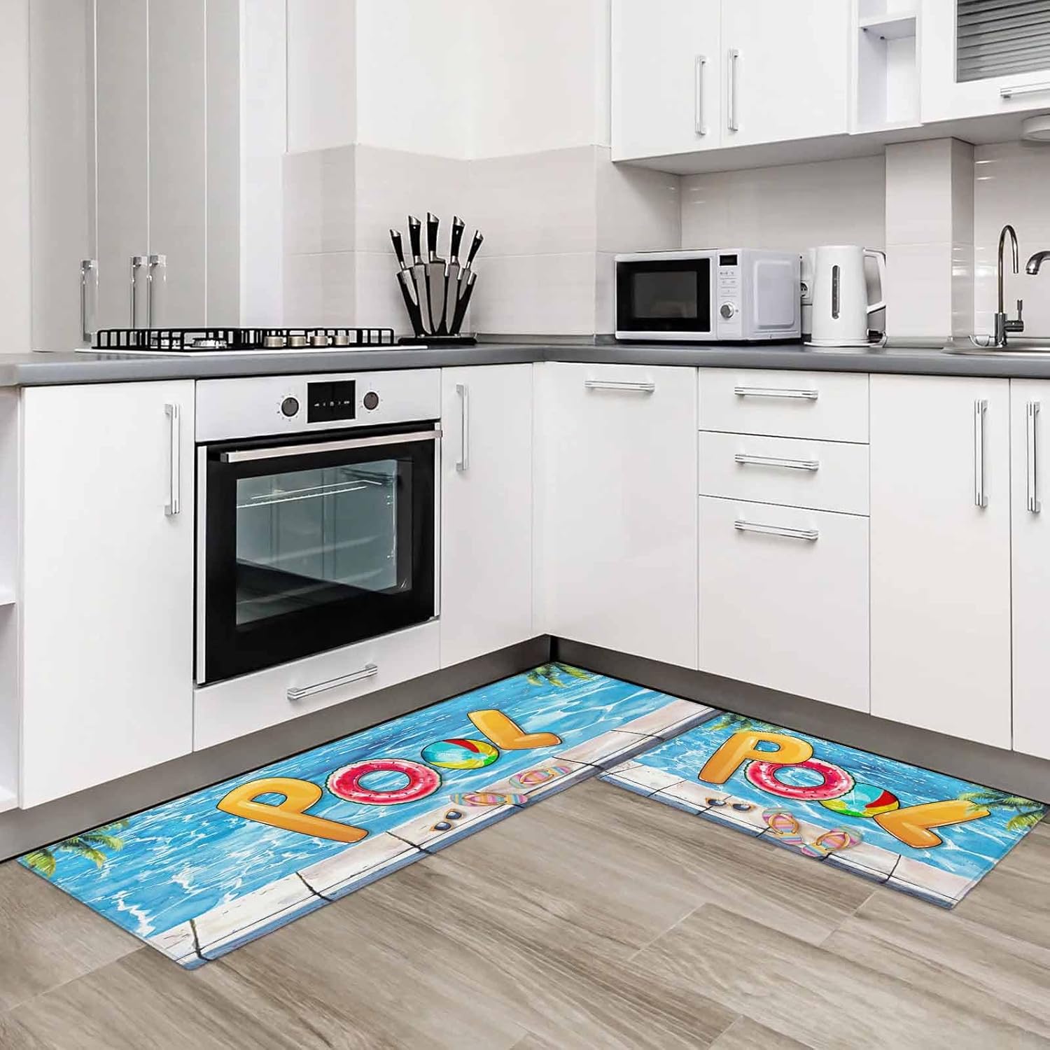 Kitchen Rugs and Mats Set,Summer Vacation Swimming Pool 2 Pieces Non Slip Cushioned Rug Floor Mat Sunglasses Slippers Palm Tree Absorbent Area Runner Comfort Standing Mats for Sink Bathroom