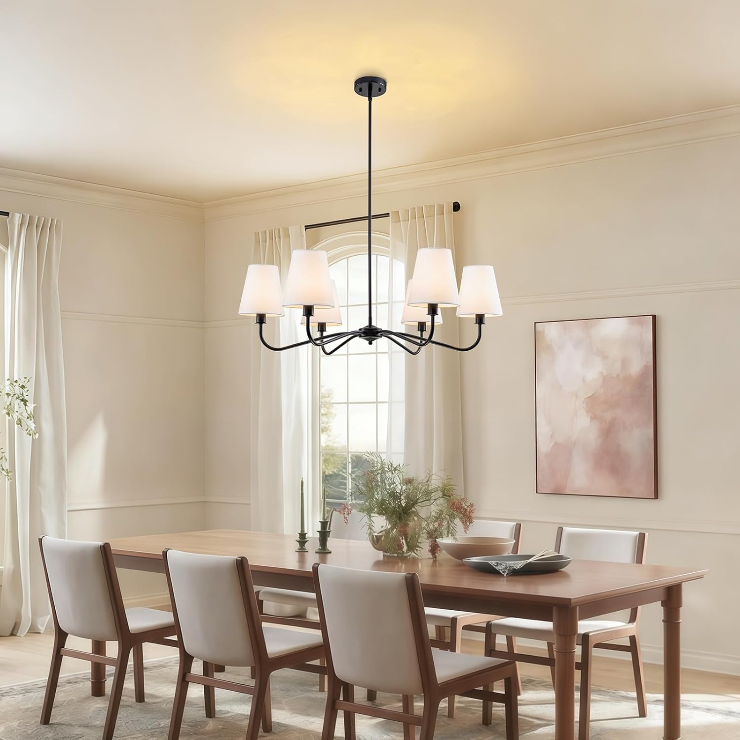 Black Farmhouse Chandeliers with White Fabric Shade,36" 6-Light Modern Dining Room Light Fixture with E12 Pendant Hanging Light for Kitchen Island over Table Living Room Bedroom Entryway Foyer